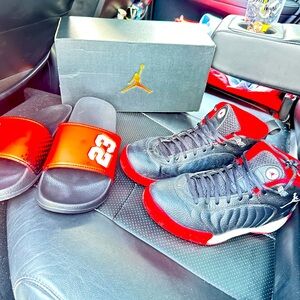 Air Jordan Black and Red Sneakers with Slides